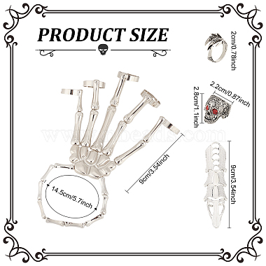 ANATTASOUL Siam Rhinestone Skull Wide Dome & Eagle Claw & Finger Nail Tip Claw Rings & Skeleton Full Hand Ring Bracelet(AJEW-AN0007-07)-2