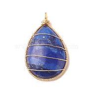 Dyed Natural Lapis Lazuli Pendants, with Copper Wire Wrapped, Teardrop, Golden, 44x27x8mm, Hole: 3.7mm(PALLOY-JF01332)