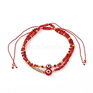 Adjustable Nylon Cord Braided Bead Bracelets Sets, with Evil Eye Lampwork Beads, FGB Glass Seed Beads, Frosted Glass Beads and Textured Brass Beads, Red, Inner Diameter: 2~4 inch(5.2~10.2cm), 2pcs/Set(X-BJEW-JB05790-01)