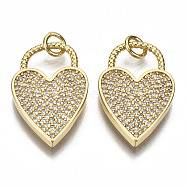 Brass Micro Pave Clear Cubic Zirconia Pendants, with Jump Rings, Nickel Free, Heart Lock Shape, Real 16K Gold Plated, 23.5x14x2.5mm, Jump Ring: 5x0.9mm, Inner Diameter: 3mm(X-ZIRC-S067-066-NF)