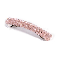 Glass Beaded Hair Barrettes, Curved Retangle Metal Hair Clips, Pink, 90mm(PW-WG60883-01)
