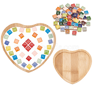 Square Porcelain Cabochons Sets, with Heart Bamboo Base, Mosaic Tiles for Arts DIY Crafts, Colorful, 96x106.5x10mm, Inner Diameter: 81x97mm; Square: 9.5x9.5x6mm(PORC-WH0009-02)