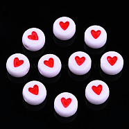 Opaque Acrylic Beads, with Enamel, Flat Round with Heart, Red, 7x3.5mm, Hole: 1.2mm, about 3600~3700pcs/500g(MACR-N008-57E)