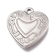 304 Stainless Steel Pendants, Heart with Pattern, Stainless Steel Color, 19x18x4mm, Hole: 2mm(STAS-Z008-17)