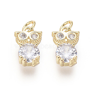 Brass Charms, with Clear Cubic Zirconia and Jump Rings, Owl, Golden, 10x6.5x3.5mm, Hole: 2.5mm(ZIRC-L087-039G)