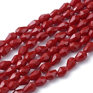 Glass Beads Strands, Imitation Jade Beads, Faceted, teardrop, Dark Red, 6x4mm, Hole: 1mm, 72pcs/strand, 15 inch(X-GLAA-R023-6x4mm-1)