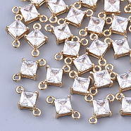 Transparent Glass Links connectors, with Brass Findings, Faceted, Rhombus, Light Gold, Clear, 11x7x4mm, Hole: 1mm, Side Length: 5mm(X-GLAA-T007-14H)