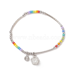 Glass Seed & 201 Stainless Steel Curved Tube Beaded Stretch Bracelet, Crystal Rhinestone & Clear Cubic Zirconia Flower Charms Bracelet for Women, Colorful, Inner Diameter: 2-3/8 inch(6cm)(BJEW-JB09190)