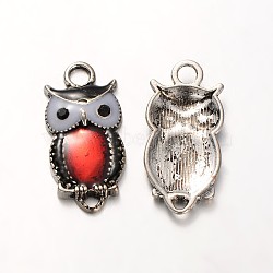 Owl Antique Silver Tone Alloy Rhinestone Enamel Pendants, Red, 26x13x3mm, Hole: 3mm(ENAM-N041-01D)