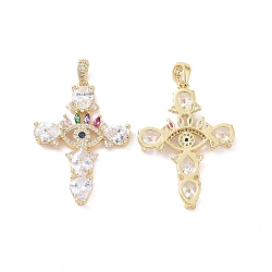 Cross with Eye Brass Micro Pave Colorful Cubic Zirconia Big Pendants, Cadmium Free & Nickel Free & Lead Free, Real 18K Gold Plated, 50mm, Hole: 4.5x6.5mm(KK-G435-27G)