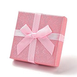 Cardboard Couple Ring Packaging Boxes, Jewelry Gift Case with Sponge Inside for Rings, Square with Pink Bowknot, Pink, 7.45x7.5x2.2~2.65cm(CON-Z006-02C)