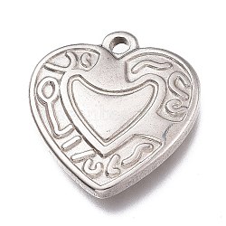 Non-Tarnish 304 Stainless Steel Pendants, Heart with Pattern, Stainless Steel Color, 19x18x4mm, Hole: 2mm(STAS-Z008-17)