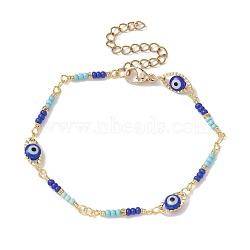Brass Horse Eye Link Chain Bracelet, Glass Evil Eye & Seed Beaded Bracelet, Golden, 6-7/8 inch(17.5cm)(BJEW-JB09753)