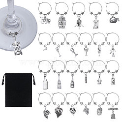 23Pcs 23 Styles Brass Wine Glass Charms, with Tibetan Style Alloy Pendants, Antique Silver & Platinum, 43~60mm, 1pc/style(AJEW-GL00003)