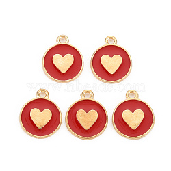 Alloy Enamel Pendants, Cadmium Free & Lead Free, Light Gold, Flat Round with Heart, Crimson, 16x13x2mm, Hole: 1.6mm(ENAM-S121-181D)