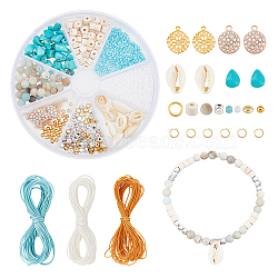 ARRICRAFT DIY Natural Shell & Gemstone Stretch Bracelet Making Kit, Including Natural Flower Amazonite & Synthetic Turquoise & Wood & Glass Seed Beads, Flower Brass & Flat Round Alloy Pendants, Mixed Color, 700Pcs/set(DIY-AR0002-51)