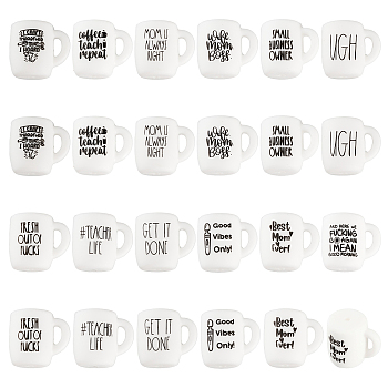 24Pcs 12 Style Cup with Word Pattern Silicone Beads, White, 20x22x16mm, Hole: 2mm, Inner Diameter: 8x4mm, 2pcs/style