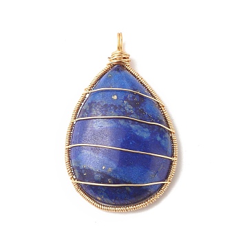 Dyed Natural Lapis Lazuli Pendants, with Copper Wire Wrapped, Teardrop, Golden, 44x27x8mm, Hole: 3.7mm