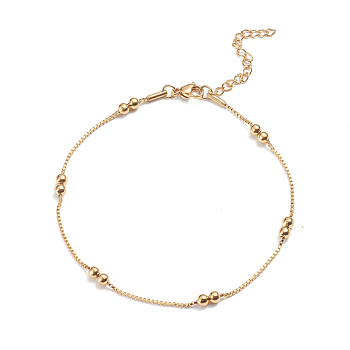 304 Stainless Steel Box Chain Anklets, with Round Beads and Lobster Claw Clasps, Golden, 9-7/8 inch(25cm), 1.5mm