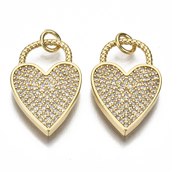 Brass Micro Pave Clear Cubic Zirconia Pendants, with Jump Rings, Nickel Free, Heart Lock Shape, Real 16K Gold Plated, 23.5x14x2.5mm, Jump Ring: 5x0.9mm, Inner Diameter: 3mm