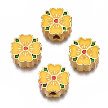 Rack Plating Alloy Enamel Beads, Cadmium Free & Lead Free, Matte Gold Color, Flower, Gold, 11x11x5mm, Hole: 2mm