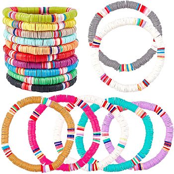Handmade Polymer Clay Heishi Beads Stretch Bracelets, Mixed Color, 2-1/8 inch(5.3cm), 17 colors, 1pc/color, 17pcs/set