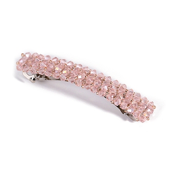 Glass Beaded Hair Barrettes, Curved Retangle Metal Hair Clips, Pink, 90mm