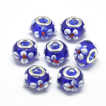 Handmade Lampwork European Beads, Bumpy Lampwork, with Platinum Brass Double Cores, Large Hole Beads, Rondelle with Flower, Blue, 16x14x10.5mm, Hole: 5mm
