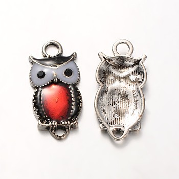 Owl Antique Silver Tone Alloy Rhinestone Enamel Pendants, Red, 26x13x3mm, Hole: 3mm