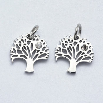 316 Surgical Stainless Steel Pendants, with Cubic Zirconia, Tree, Clear, Stainless Steel Color, 12x12x2mm, Hole: 3mm