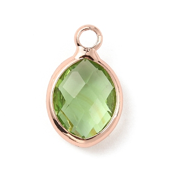 Faceted Glass Pendants, with Rose Gold Brass Findings, August Birthstone Charms, Oval, Yellow Green, 13x8x4mm, Hole: 1.8mm