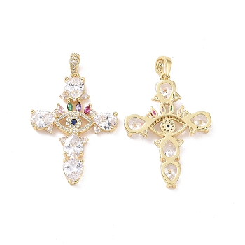 Cross with Eye Brass Micro Pave Colorful Cubic Zirconia Big Pendants, Cadmium Free & Nickel Free & Lead Free, Real 18K Gold Plated, 50mm, Hole: 4.5x6.5mm