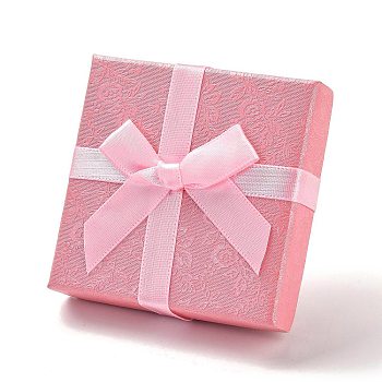 Cardboard Couple Ring Packaging Boxes, Jewelry Gift Case with Sponge Inside for Rings, Square with Pink Bowknot, Pink, 7.45x7.5x2.2~2.65cm