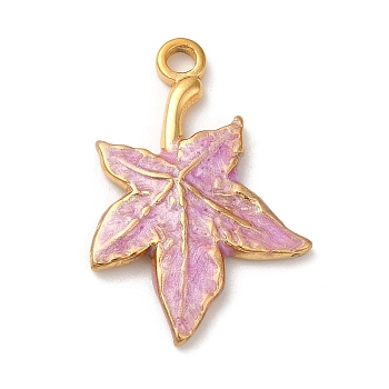 304 Stainless Steel Enamel Pendants, Real 18K Gold Plated, Maple Leaf Charm, Flamingo, 22x15x2mm, Hole: 1.6mm