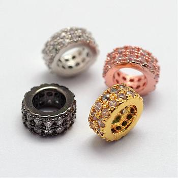 Brass Micro Pave Cubic Zirconia European Beads, Rondelle, Large Hole Beads, Lead Free & Nickel Free, Mixed Color, 7x3mm, Hole: 4mm