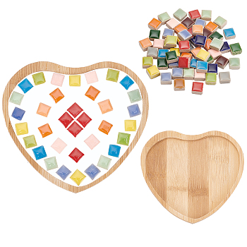 Square Porcelain Cabochons Sets, with Heart Bamboo Base, Mosaic Tiles for Arts DIY Crafts, Colorful, 96x106.5x10mm, Inner Diameter: 81x97mm; Square: 9.5x9.5x6mm