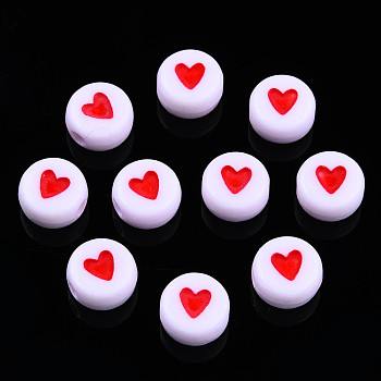 Opaque Acrylic Beads, with Enamel, Flat Round with Heart, Red, 7x3.5mm, Hole: 1.2mm, about 3600~3700pcs/500g