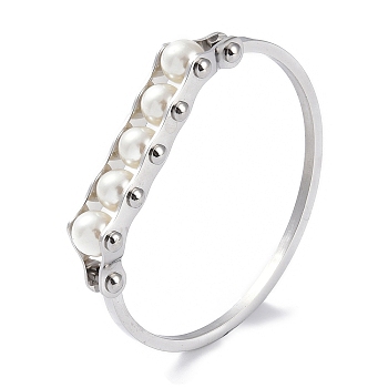 304 Stainless Steel White Round Plastic Beaded Bangles, Stainless Steel Color, 0.25cm~1/2 inch(1.3cm), Inner Diameter: 1-3/4x2-1/4 inch(4.4x5.85cm)