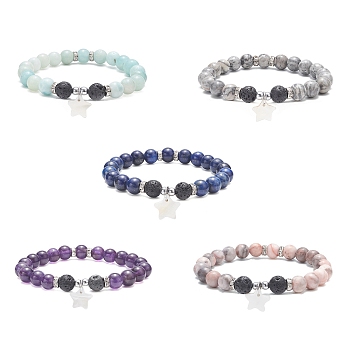 Natural Lava Rock & Synthetic Hematite & Mixed Gemstone Beaded Stretch Bracelets with Shell Star Charms, Inner Diameter: 2-1/4 inch(5.6cm)