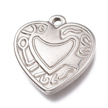304 Stainless Steel Pendants, Heart with Pattern, Stainless Steel Color, 19x18x4mm, Hole: 2mm
