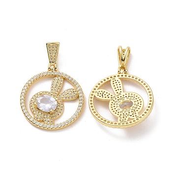 Brass Micro Pave Cubic Zirconia Pendants, Round Ring with Rabbit Charms, Golden, Clear, 33.5x30x5mm, Hole: 4x8mm