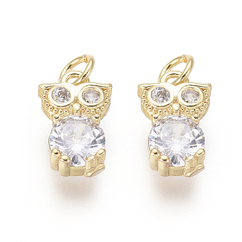 Brass Charms, with Clear Cubic Zirconia and Jump Rings, Owl, Golden, 10x6.5x3.5mm, Hole: 2.5mm
