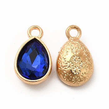 Faceted Glass Rhinestone Pendants, with Golden Tone Zinc Alloy Findings, Teardrop Charms, Dark Blue, 15x9x5mm, Hole: 2mm