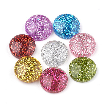 Resin Cabochons, with Glitter Powder, Flat Round, Mixed Color, 13.5~14x4~6mm