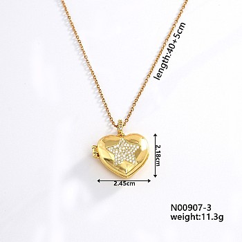 European and American Fashion Heart Shaped Brass Crystal Rhinestone Locket Pendant Necklaces, with Cable Chain for Women Girl, Star, 15.75 inch(40cm)+5cm