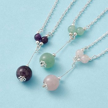 3Pcs Natural Gemstones Pendant Necklaces, with Iron Chains, 16.9 inch(43cm)