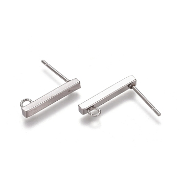 304 Stainless Ear Stud Components, with Loop, Rectangle, Stainless Steel Color, 15.5x2x2mm, Hole: 1.5mm, Pin: 0.8mm