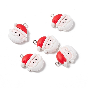 Christmas Theme Opaque Resin Pendants, with Platinum Tone Iron Findings, Santa Claus Head, White, 25x21.5x8mm, Hole: 2mm
