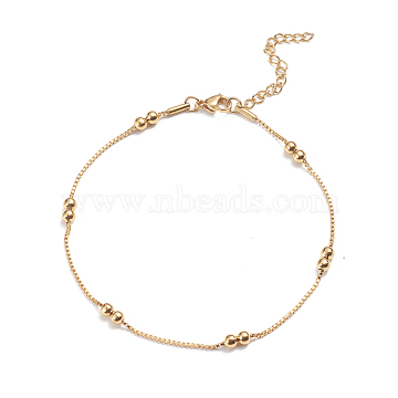 304 Stainless Steel Box Chain Anklets, with Round Beads and Lobster Claw Clasps, Golden, 9-7/8 inch(25cm), 1.5mm(X-AJEW-G024-12G)