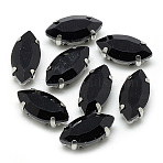 Sew on Rhinestone, Multi-strand Links, Glass Rhinestone, with Platinum Tone Brass Prong Settings, Garments Accessories, Faceted, Horse Eye, Black, 14.5x4x4mm, Hole: 0.8~1mm(RGLA-T034-4x15mm-23)